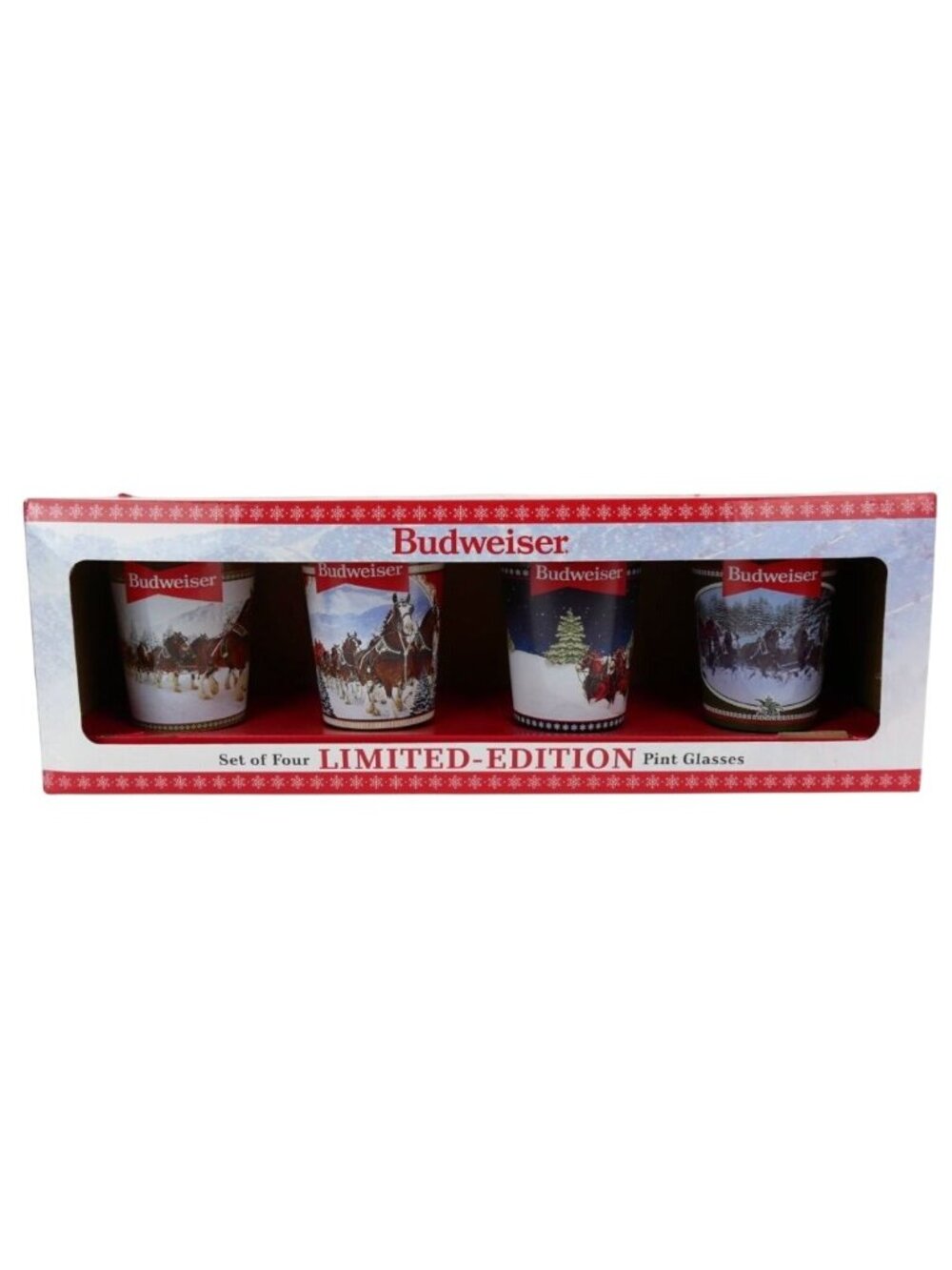 Budweiser Limited-Edition Holiday 16oz Pint Glasses Set Of 4 Featuring Clydesdal